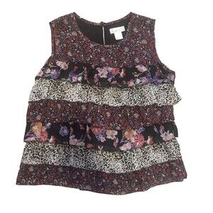 Vintage Boho Ruffled Short Sleeve Blouse Floral Animal Print Erin B Large